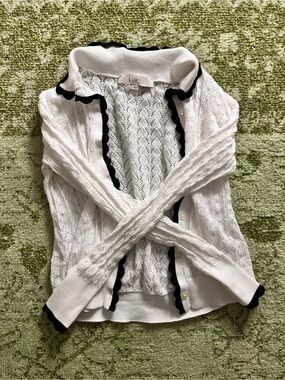 LOFT White Pointelle Button-Up Sweater With Black Scalloped Trim